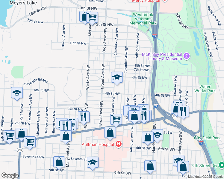 map of restaurants, bars, coffee shops, grocery stores, and more near 413 Clarendon Avenue Northwest in Canton
