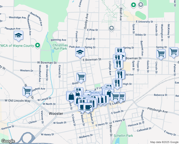 map of restaurants, bars, coffee shops, grocery stores, and more near 449 North Market Street in Wooster