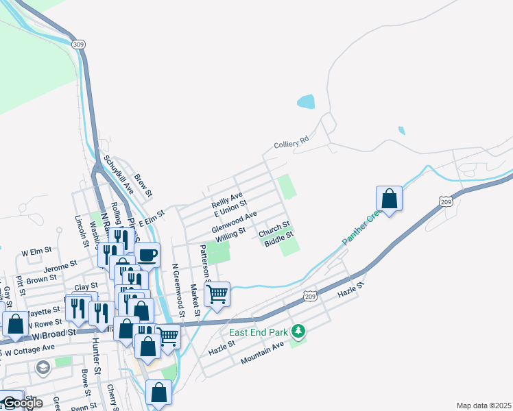 map of restaurants, bars, coffee shops, grocery stores, and more near 514 E Union St in Tamaqua