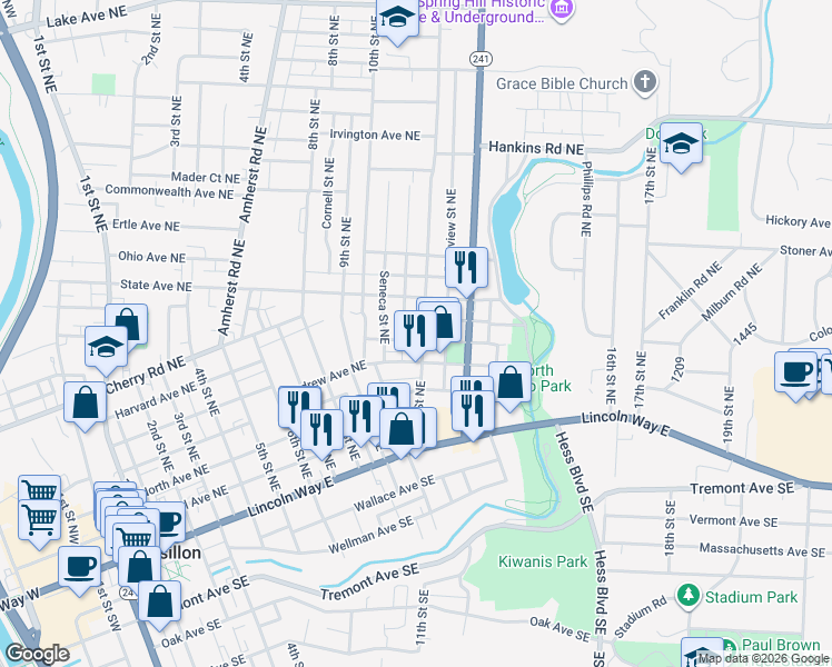 map of restaurants, bars, coffee shops, grocery stores, and more near 431 11th Street Northeast in Massillon