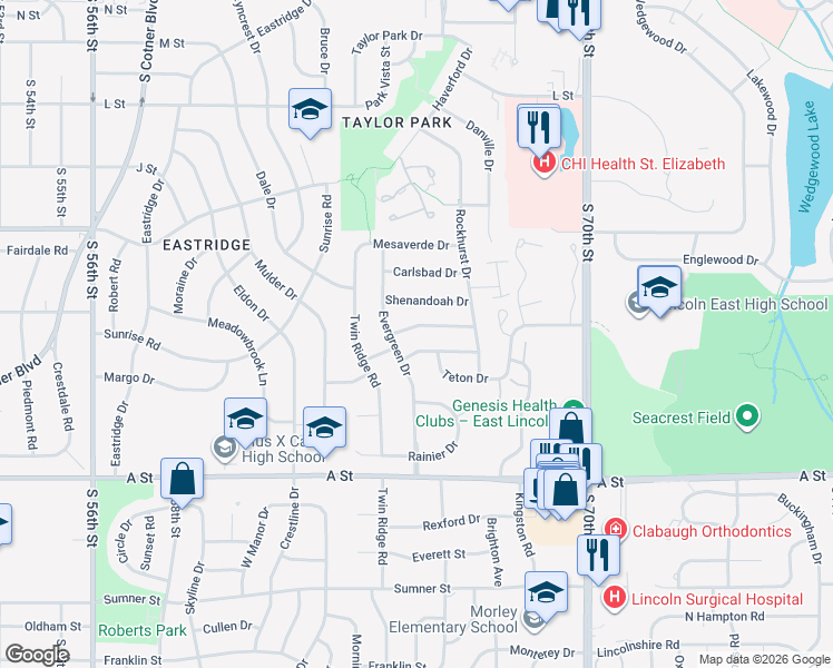 map of restaurants, bars, coffee shops, grocery stores, and more near 6421 Monticello Drive in Lincoln