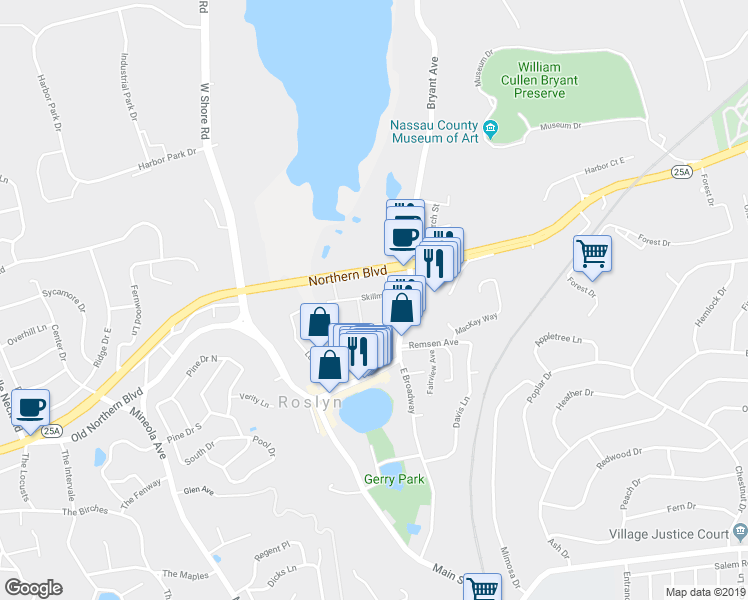 map of restaurants, bars, coffee shops, grocery stores, and more near 23 Skillman Street in Roslyn