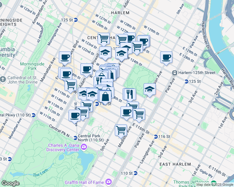 map of restaurants, bars, coffee shops, grocery stores, and more near 52 West 119th Street in New York