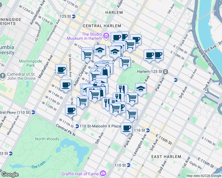 map of restaurants, bars, coffee shops, grocery stores, and more near 52 West 119th Street in New York