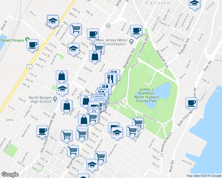 map of restaurants, bars, coffee shops, grocery stores, and more near 8101 Bergenline Avenue in North Bergen