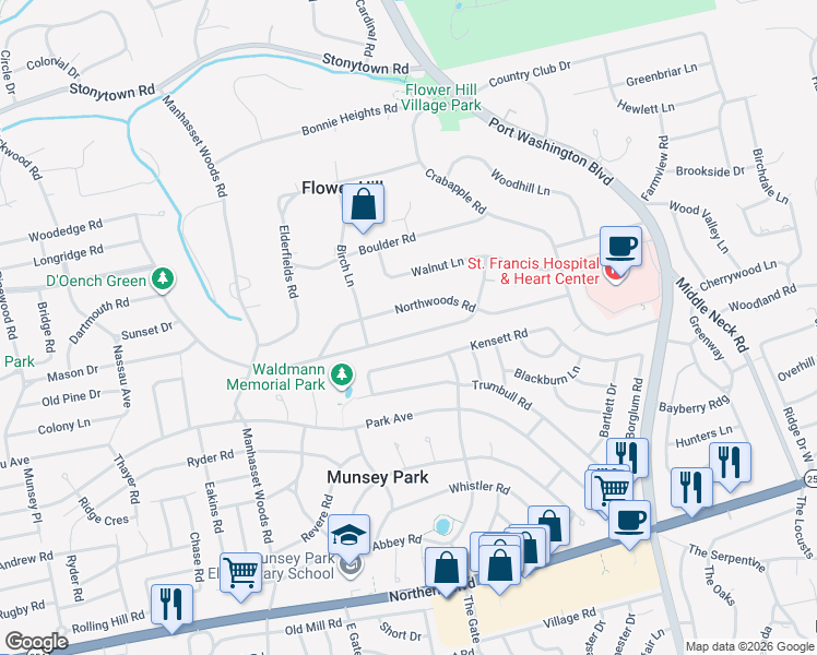 map of restaurants, bars, coffee shops, grocery stores, and more near 117 Dogwood Lane in Manhasset
