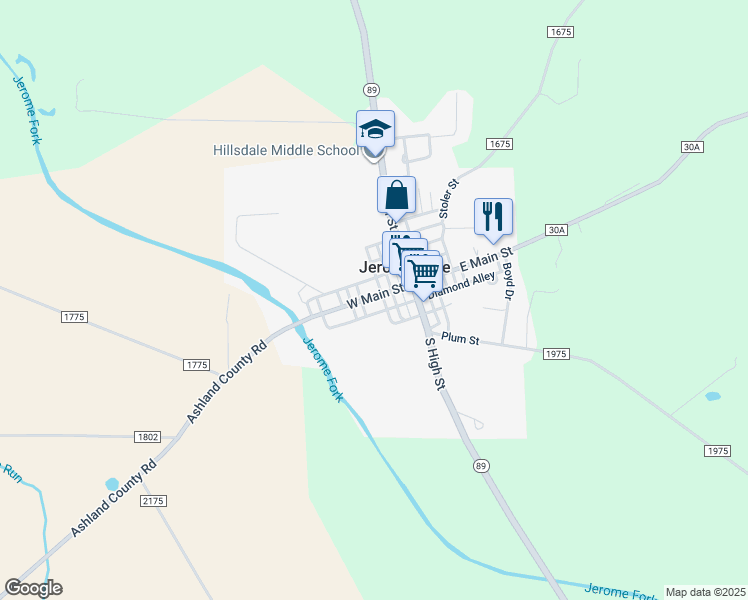 map of restaurants, bars, coffee shops, grocery stores, and more near 49 W Main St in Jeromesville