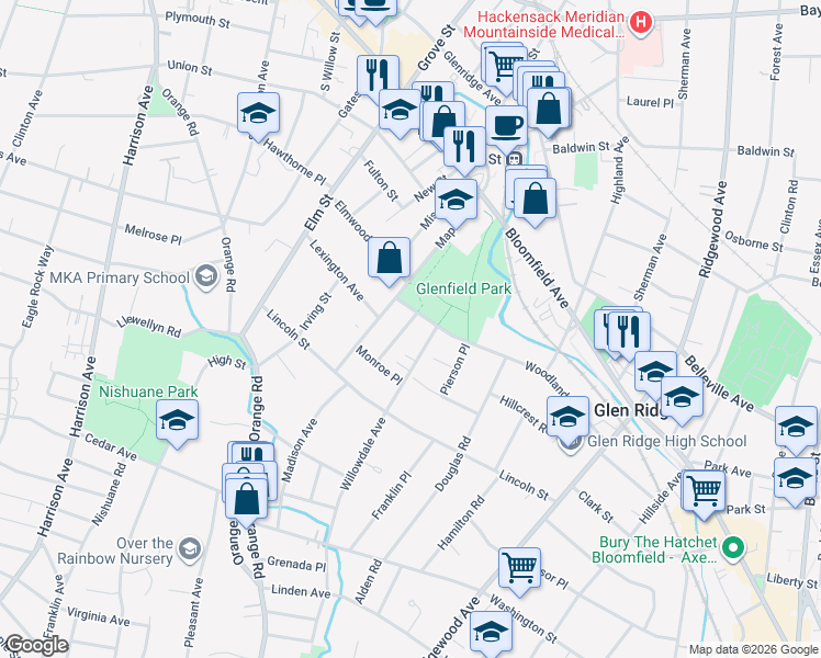 map of restaurants, bars, coffee shops, grocery stores, and more near 7 Wheeler Street in Montclair