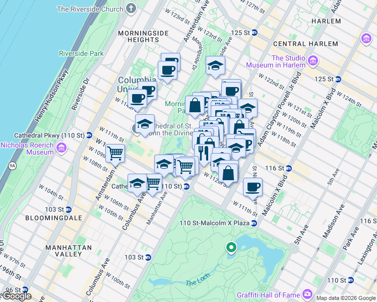 map of restaurants, bars, coffee shops, grocery stores, and more near West 113th Street in New York