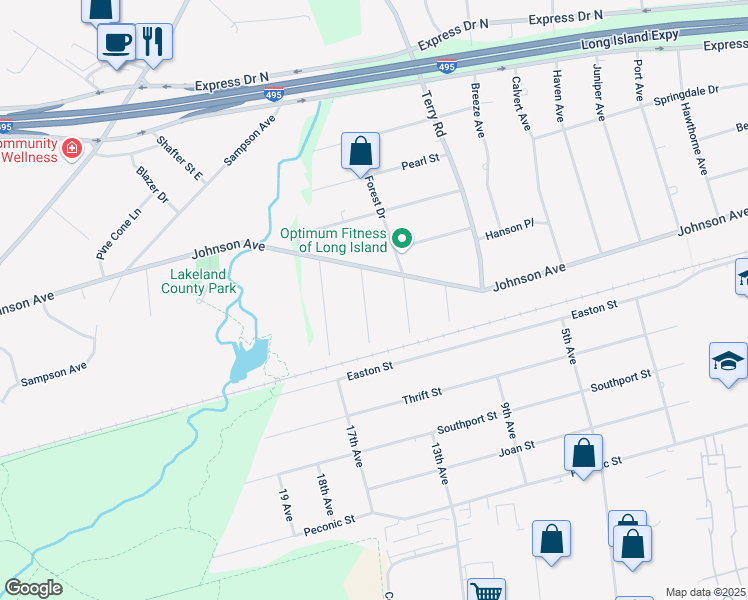 map of restaurants, bars, coffee shops, grocery stores, and more near 15 Arbutus Court in Ronkonkoma