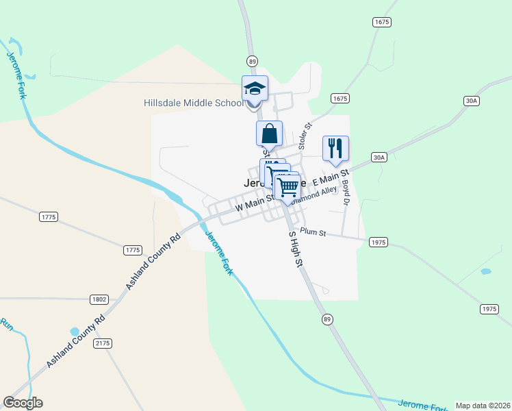 map of restaurants, bars, coffee shops, grocery stores, and more near 49 West Main Street in Jeromesville