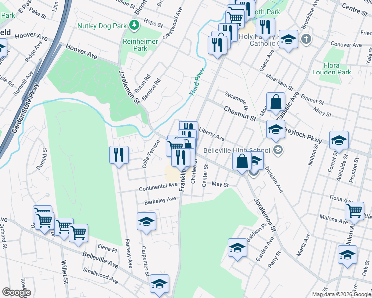 map of restaurants, bars, coffee shops, grocery stores, and more near Joralemon Street & South Franklin Avenue in Belleville