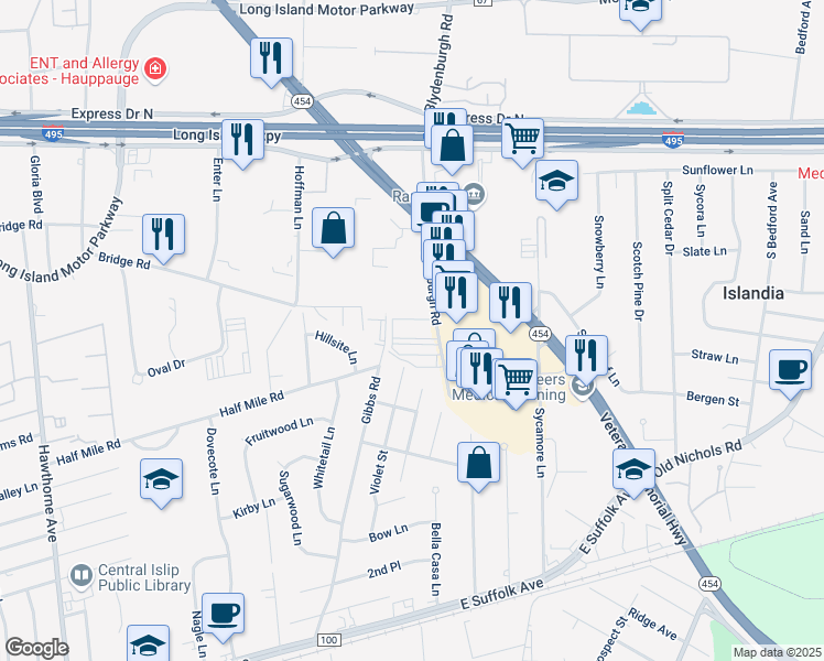map of restaurants, bars, coffee shops, grocery stores, and more near 200 Blydenburgh Road in Islandia
