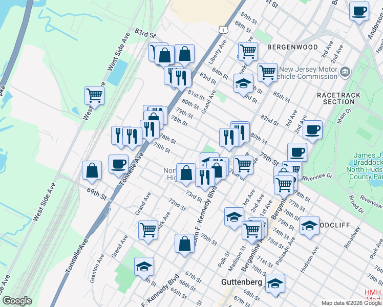 map of restaurants, bars, coffee shops, grocery stores, and more near 7502 Cottage Avenue in North Bergen