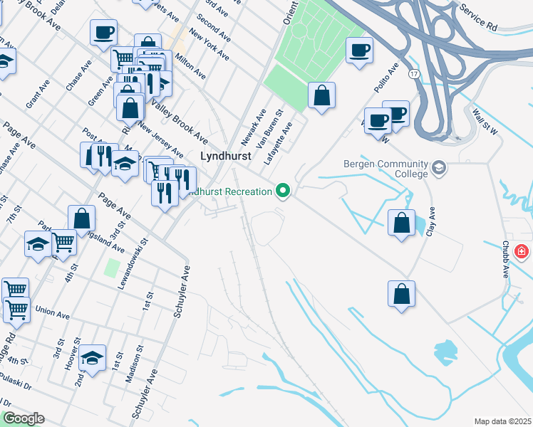 map of restaurants, bars, coffee shops, grocery stores, and more near 367 Valley Brook Avenue in Lyndhurst
