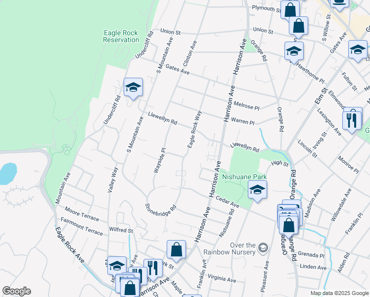 map of restaurants, bars, coffee shops, grocery stores, and more near 68 Eagle Rock Way in Montclair