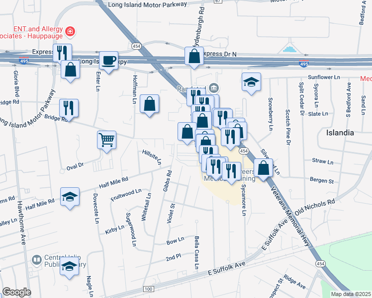 map of restaurants, bars, coffee shops, grocery stores, and more near 200 Blydenburgh Road in Islandia
