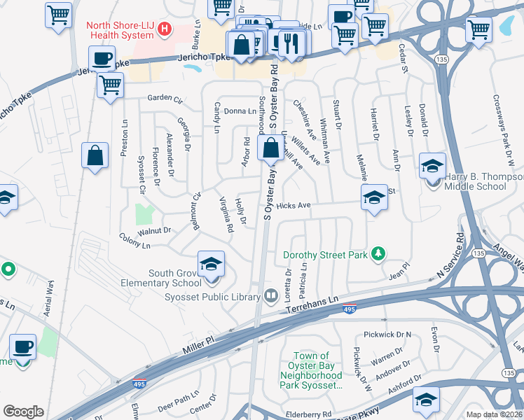 map of restaurants, bars, coffee shops, grocery stores, and more near 5 Parkfield Court in Syosset