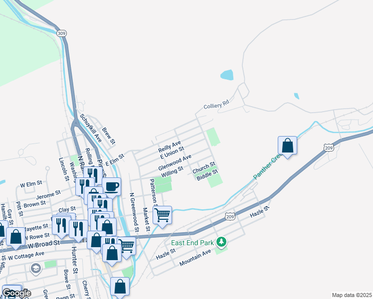 map of restaurants, bars, coffee shops, grocery stores, and more near 514 East Union Street in Tamaqua