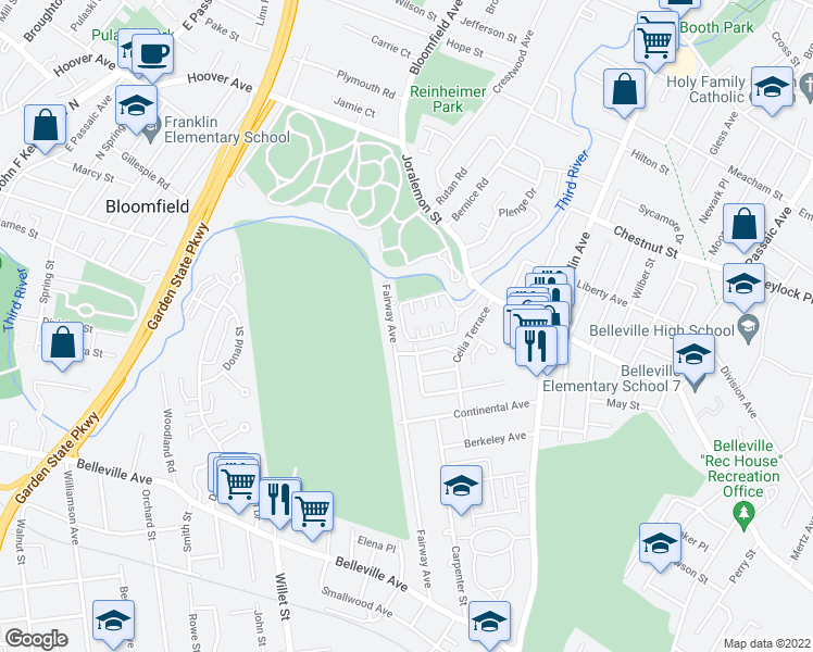 map of restaurants, bars, coffee shops, grocery stores, and more near 166 Fairway Avenue in Belleville