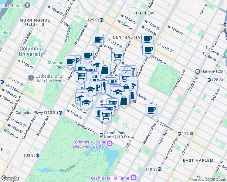 map of restaurants, bars, coffee shops, grocery stores, and more near 141w West 116th Street in New York
