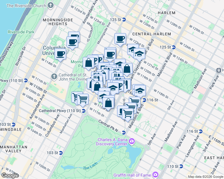 map of restaurants, bars, coffee shops, grocery stores, and more near 252 West 115th Street in New York