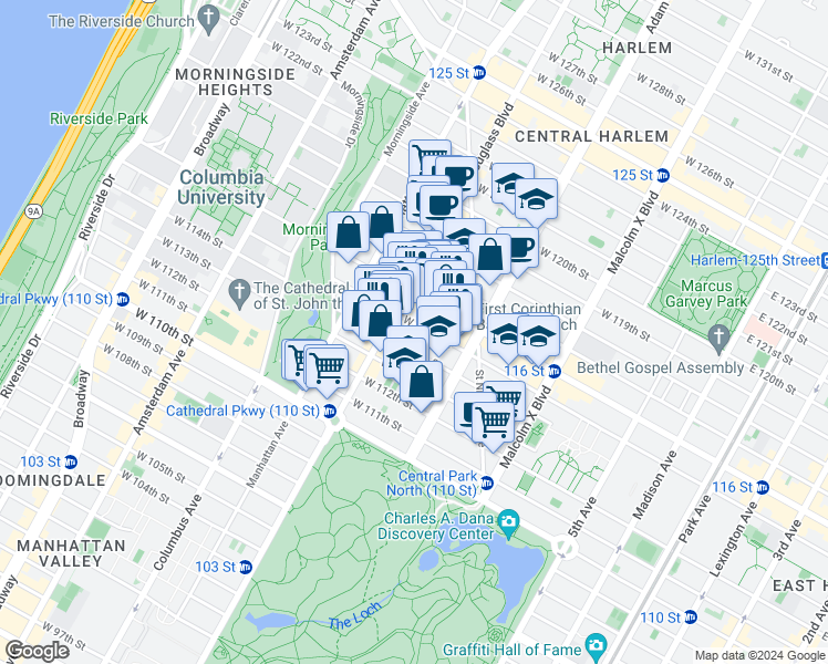 map of restaurants, bars, coffee shops, grocery stores, and more near 252 West 115th Street in New York