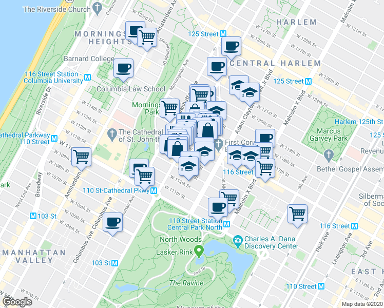 map of restaurants, bars, coffee shops, grocery stores, and more near 252 West 115th Street in New York