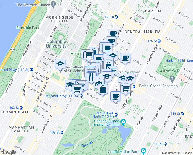 map of restaurants, bars, coffee shops, grocery stores, and more near 281 West 114th Street in New York