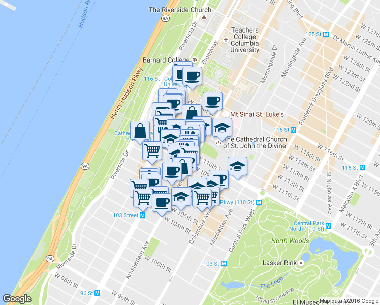 map of restaurants, bars, coffee shops, grocery stores, and more near in New York