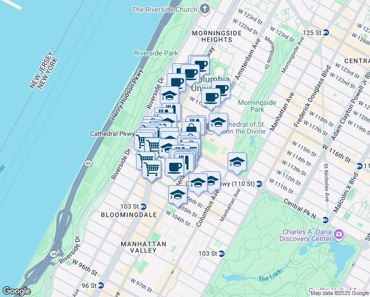 map of restaurants, bars, coffee shops, grocery stores, and more near in New York