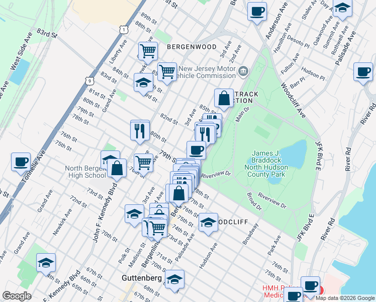 map of restaurants, bars, coffee shops, grocery stores, and more near 600 80th Street in North Bergen