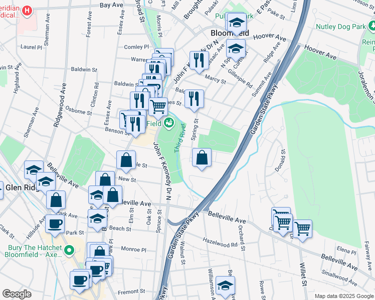 map of restaurants, bars, coffee shops, grocery stores, and more near 67 Spring Street in Bloomfield