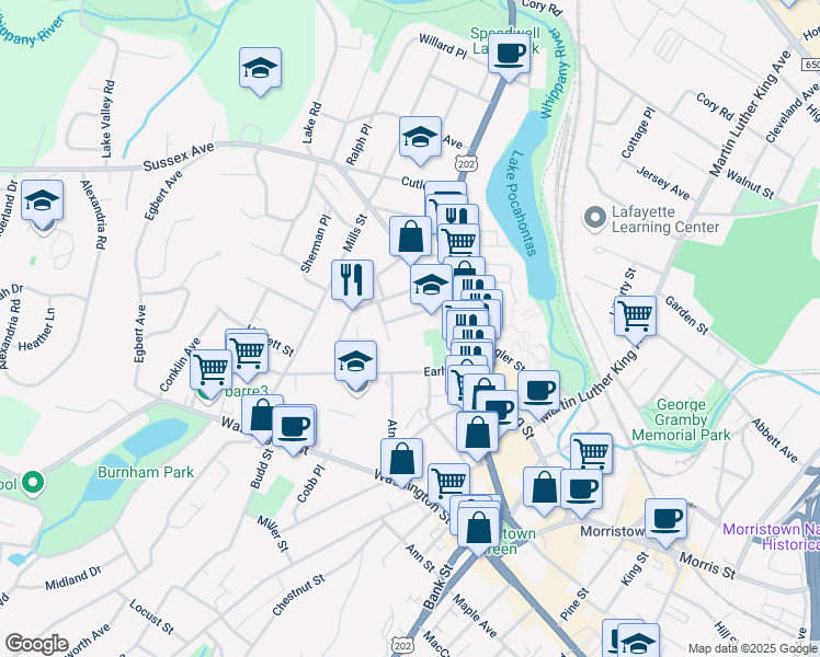 map of restaurants, bars, coffee shops, grocery stores, and more near 18 Columba Street in Morristown
