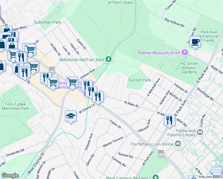 map of restaurants, bars, coffee shops, grocery stores, and more near 111 Edith Street in State College