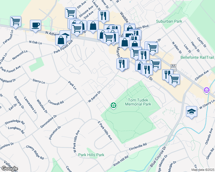 map of restaurants, bars, coffee shops, grocery stores, and more near 844 West Aaron Drive in State College