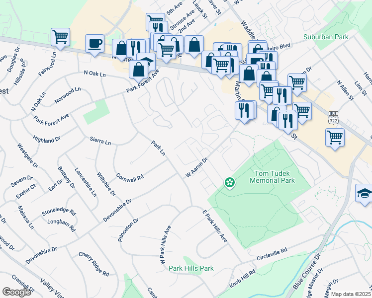 map of restaurants, bars, coffee shops, grocery stores, and more near 1131 West Aaron Drive in State College