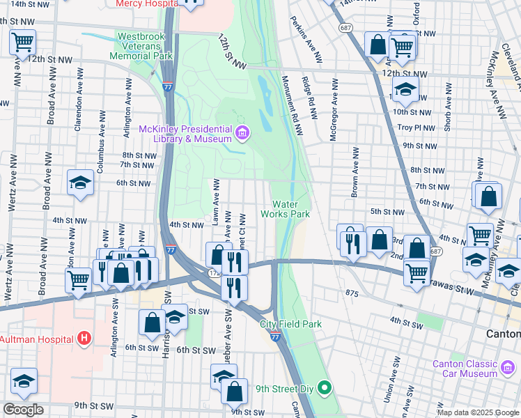 map of restaurants, bars, coffee shops, grocery stores, and more near 427 Elgin Avenue Northwest in Canton
