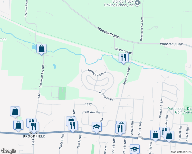 map of restaurants, bars, coffee shops, grocery stores, and more near 107 Rolling Acres Circle West in Massillon