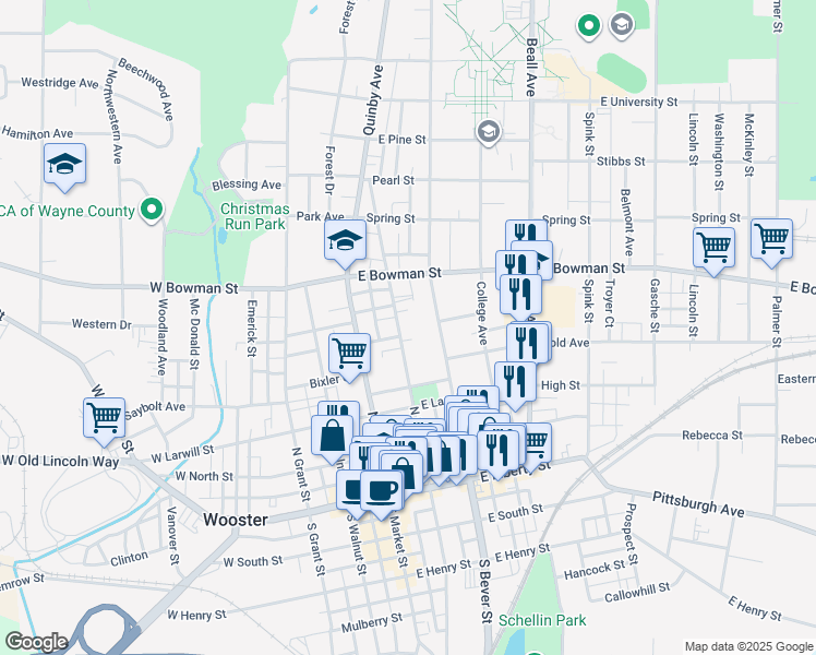 map of restaurants, bars, coffee shops, grocery stores, and more near 449 North Buckeye Street in Wooster