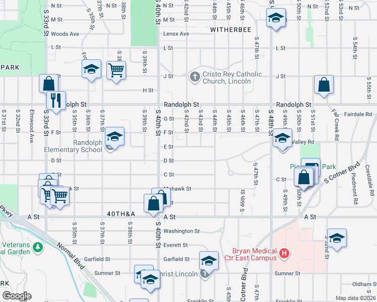 map of restaurants, bars, coffee shops, grocery stores, and more near 4244 D Street in Lincoln