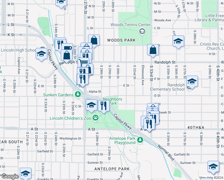 map of restaurants, bars, coffee shops, grocery stores, and more near 1025 South 30th Street in Lincoln