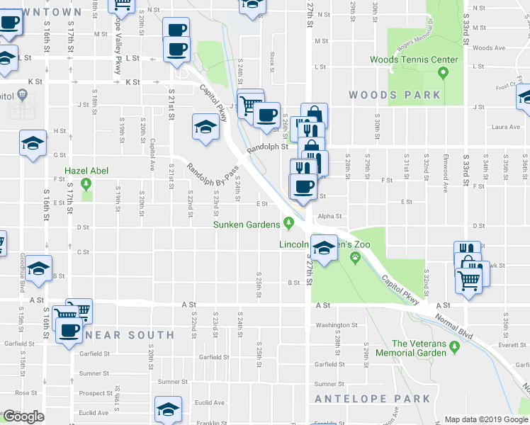 map of restaurants, bars, coffee shops, grocery stores, and more near 2445 E Street in Lincoln