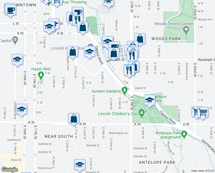 map of restaurants, bars, coffee shops, grocery stores, and more near 2445 E Street in Lincoln