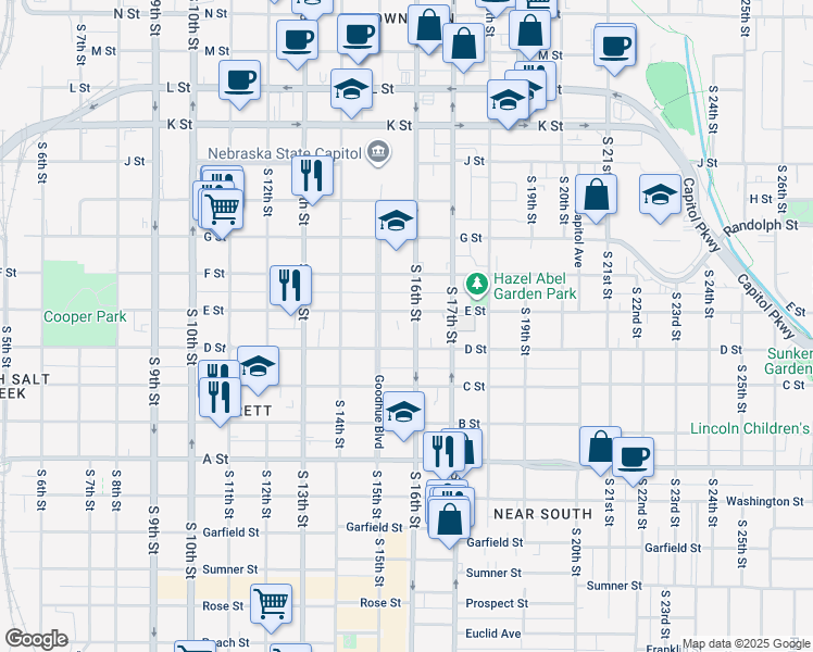 map of restaurants, bars, coffee shops, grocery stores, and more near 1518 D Street in Lincoln