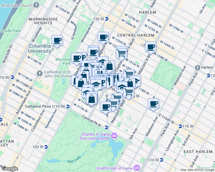 map of restaurants, bars, coffee shops, grocery stores, and more near Adam Clayton Powell Jr Blvd & W 116th St in New York