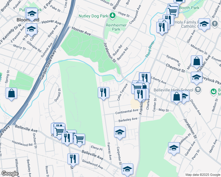 map of restaurants, bars, coffee shops, grocery stores, and more near 166 Fairway Avenue in Belleville