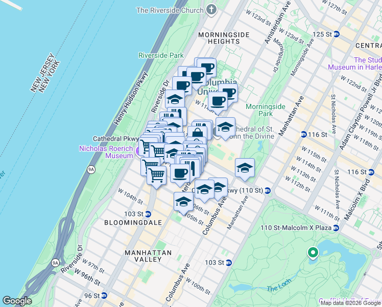 map of restaurants, bars, coffee shops, grocery stores, and more near 504 West 110th Street in New York