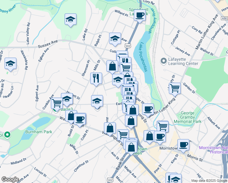 map of restaurants, bars, coffee shops, grocery stores, and more near 18 Columba Street in Morristown