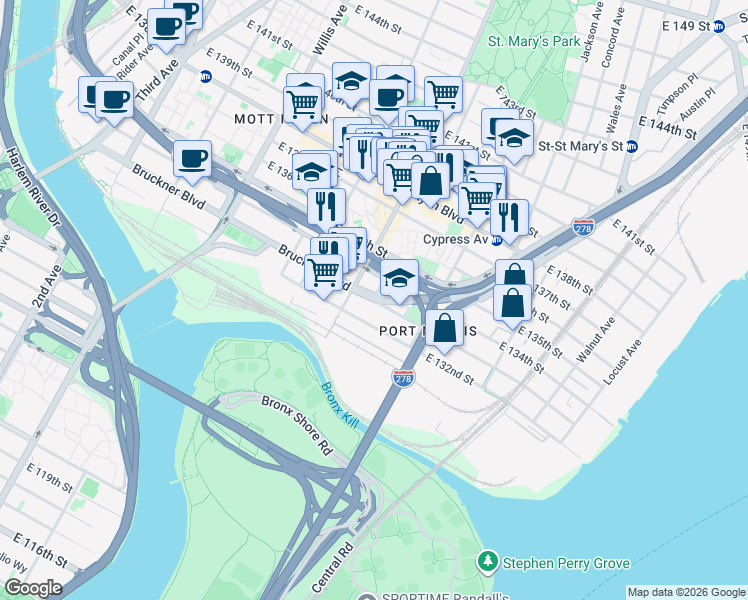 map of restaurants, bars, coffee shops, grocery stores, and more near 436 East 133rd Street in Bronx